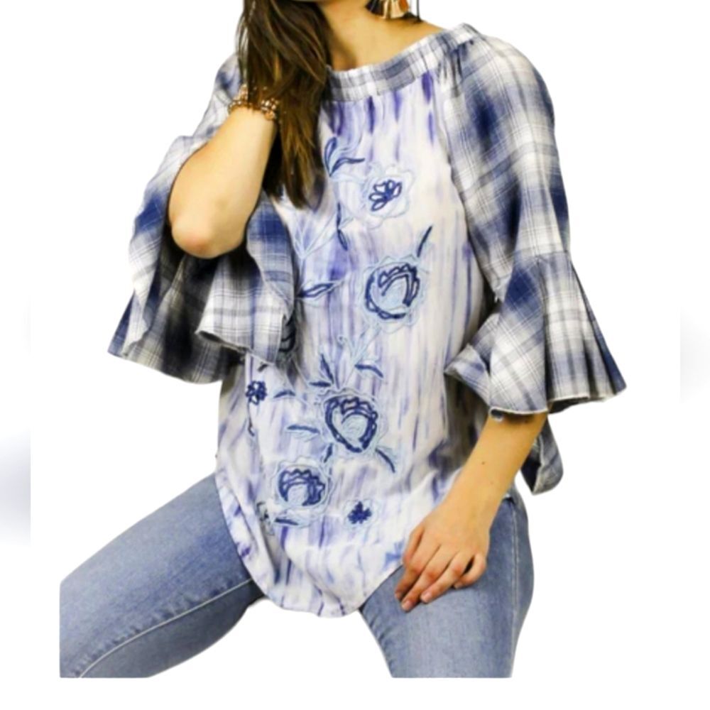 Avani Reversible Embroidered Color Dyed Flannel Plaid Angel Wing Top Size L